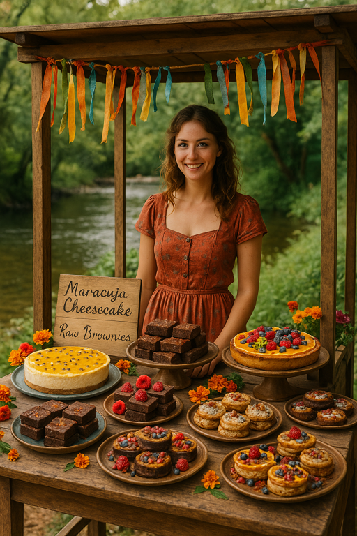 A baker at the Sacred Bazaar with maracuja cheesecake, raw brownies, and other delicious offerings